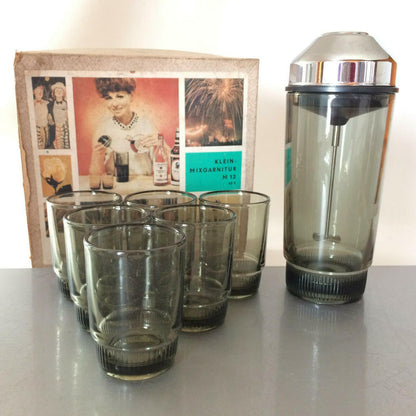 SHAKER Design 50er 60er Cocktailshaker Glas mit GLäser & OVP Rauchglas