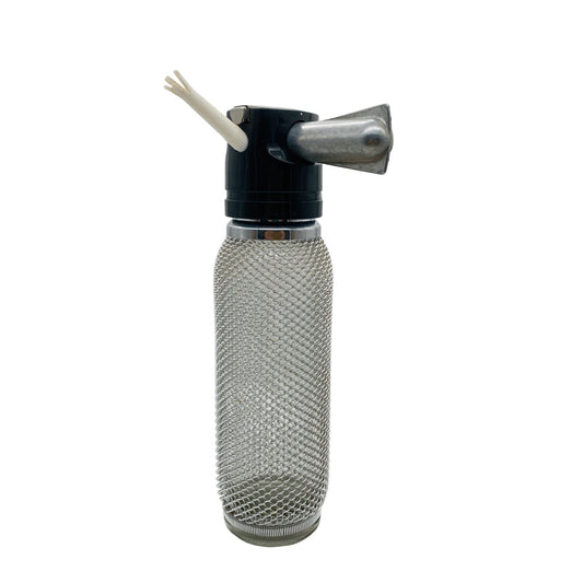 Sodaflasche Netz Vintage 60er 70er Sodasiphon Metall silber Siphon Glasflasche