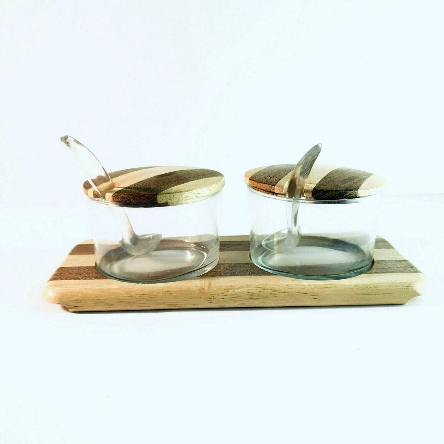 Honig- und Konfitürenset D 9 cm Schälchen Glas Tablett Holz 24,5 cm