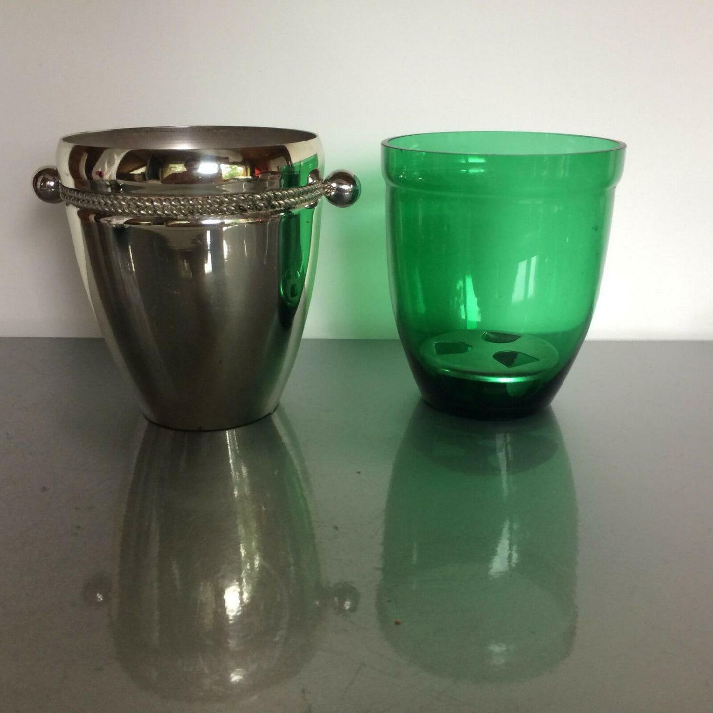 Eiswürfeleimer silber mit Einsatz Glas grün 60er 70er versilbert H 13 cm