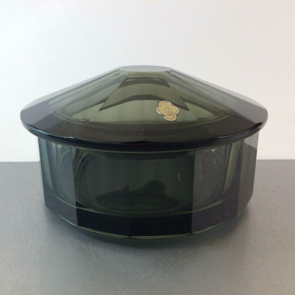 Art Déco Glasdose Dose gemarkt Rauchglas Facettenschliff 15,5 cm Böhmen