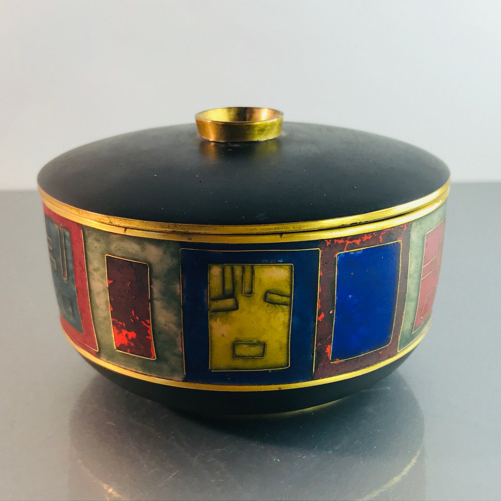 Käthe RUCKENBROD Deckeldose Dose Emaille 50er 60er Stegemaille Email 