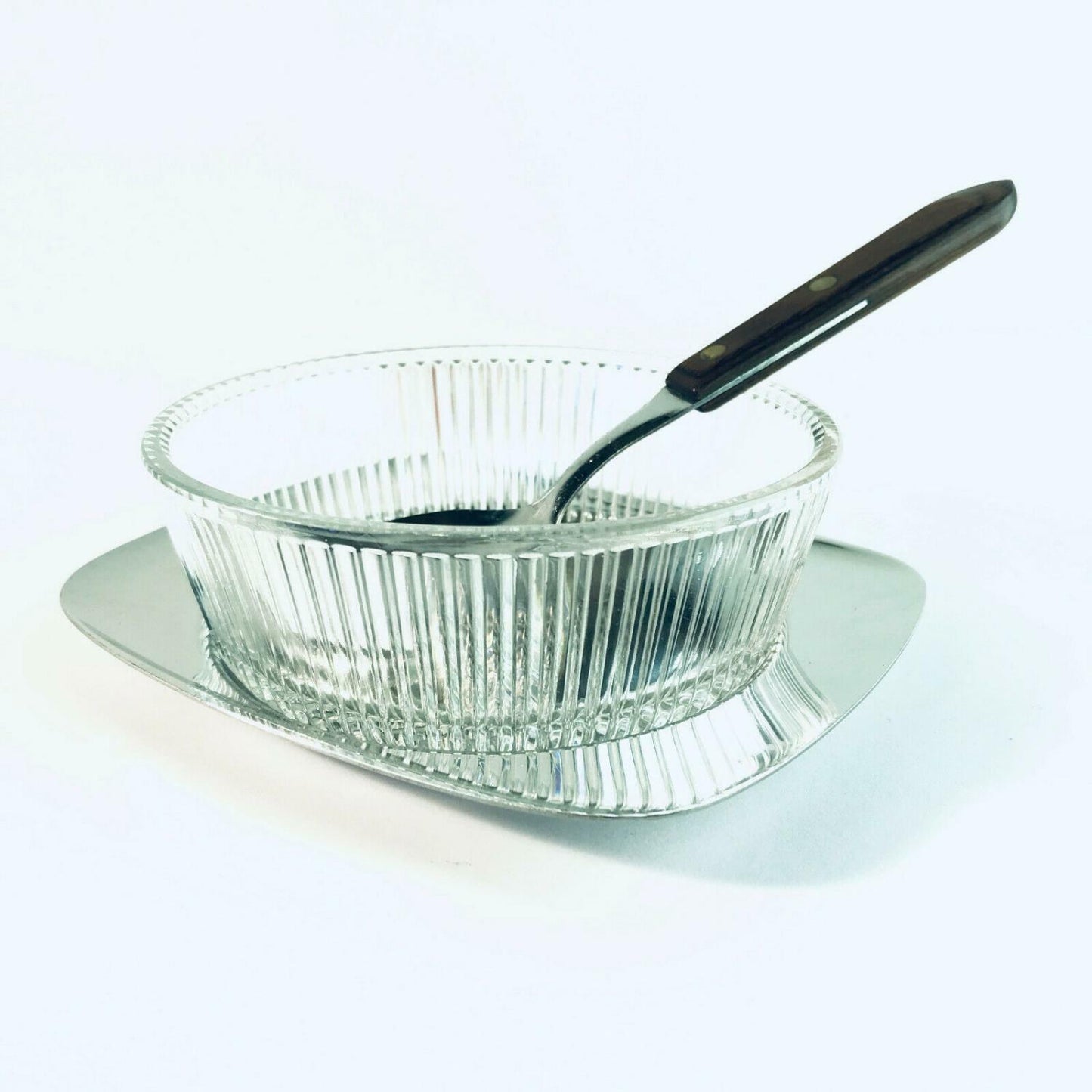 WILKENS Tablett EDELSTAHL GLAS Schälchen Oliven Käse 60er 70er + Löffel