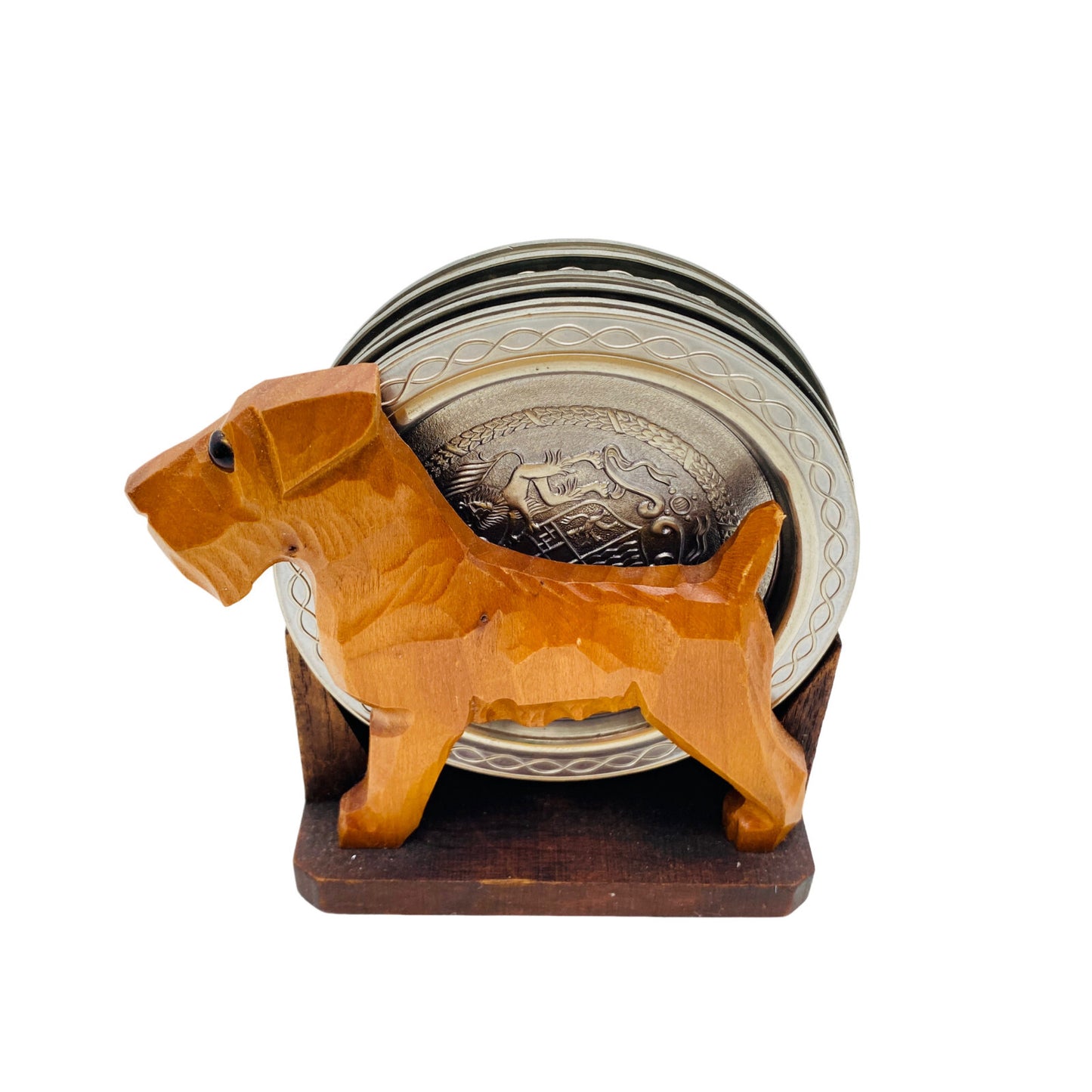 BMF Zinn Untersetzer im Halter 9,8 cm 60er 70er MID CENTURY Hund Pudel