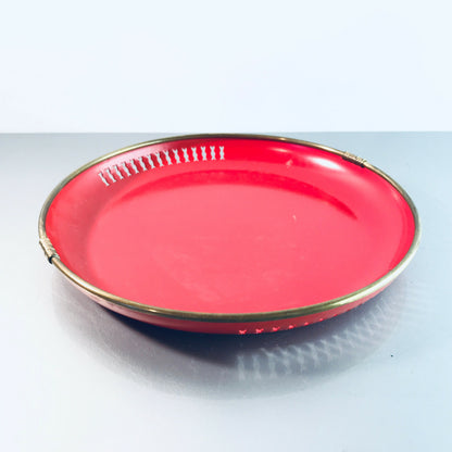 Tablett METALL 50er 60er Schale OBST Lochblech 22 cm rot Messing Rand