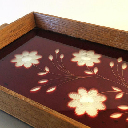 Tablett Spiegelglas geschliffen rot Blumen Holz B 37 mit Griffen 30er 40er