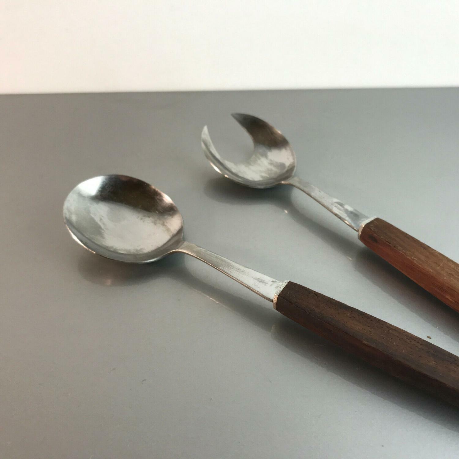 Vintage SALATBESTECK 60er Jahre HOLZ Edelstahl Germany 25 cm