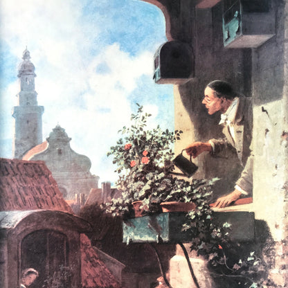 Vintage Druck von Spitzweg Blumen gießen  mit Hokzrahmen 33 x 41 cm 70er
