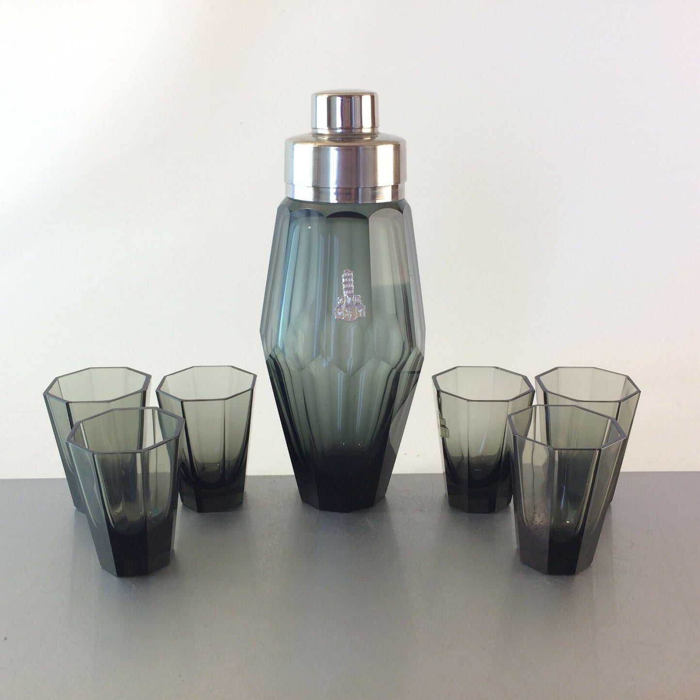 VINTAGE Shaker Art Déco Facetten HAIDA Böhmen Cocktailshaker Glas Gläser