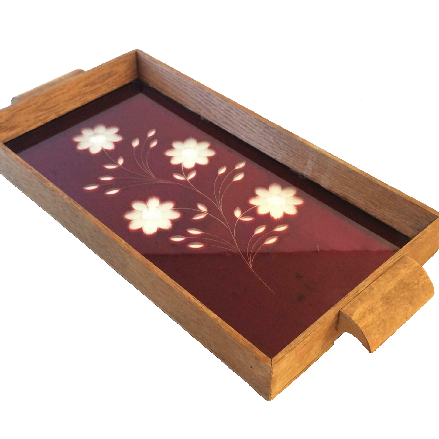 Tablett Spiegelglas geschliffen rot Blumen Holz B 37 mit Griffen 30er 40er
