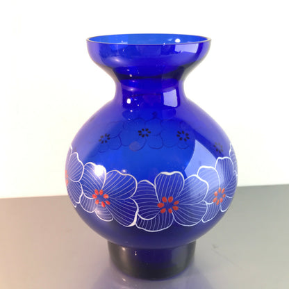 Vintage blau Vase 50er 60er 17,5 cm mit Dekor weiß MID CENTURY
