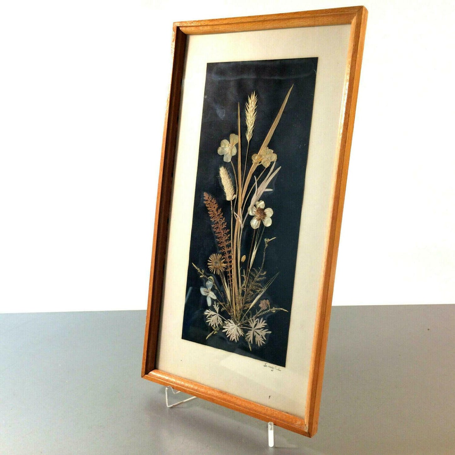 Strohbild VINTAGE 50er 60er Vase Blumen 16,5 x 31,4 cm im Rahmen 