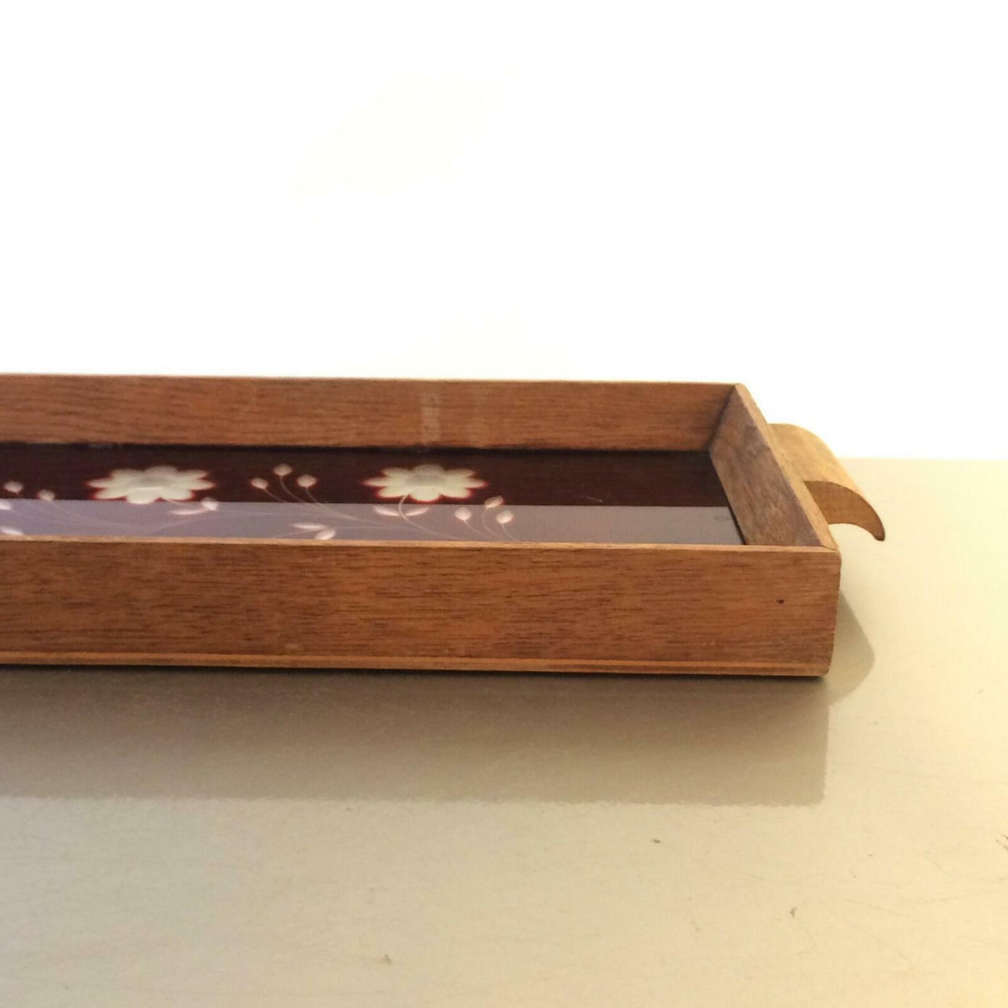Tablett Spiegelglas geschliffen rot Blumen Holz B 37 mit Griffen 30er 40er
