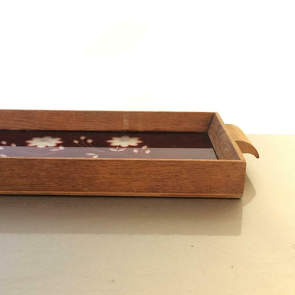 Tablett Spiegelglas geschliffen rot Blumen Holz B 37 mit Griffen 30er 40er