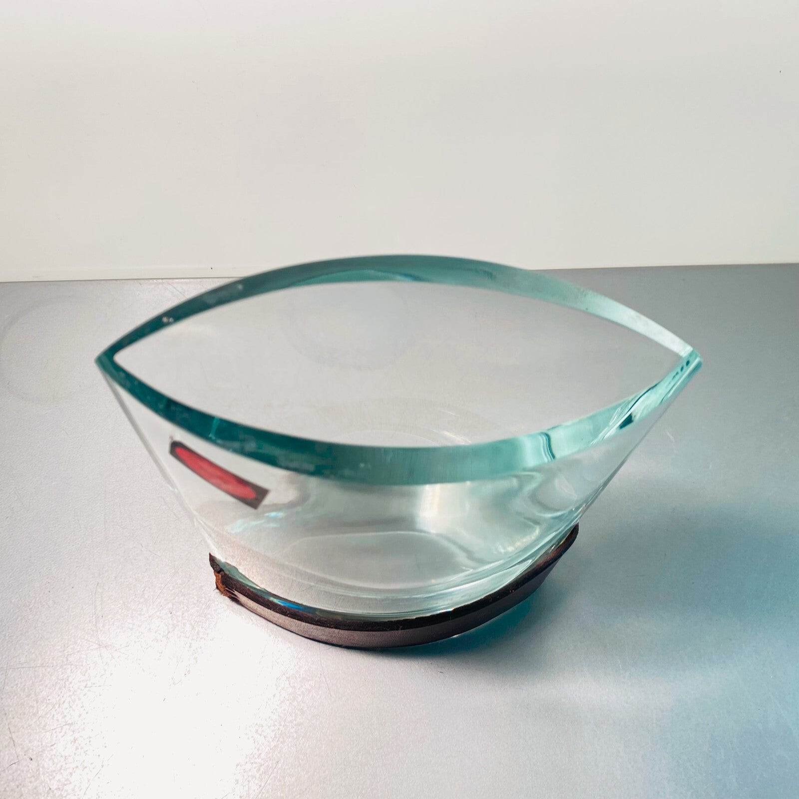 Vintage Glas Vase Cezary Wasowski MID CENTURY 16 cm Leder Binde