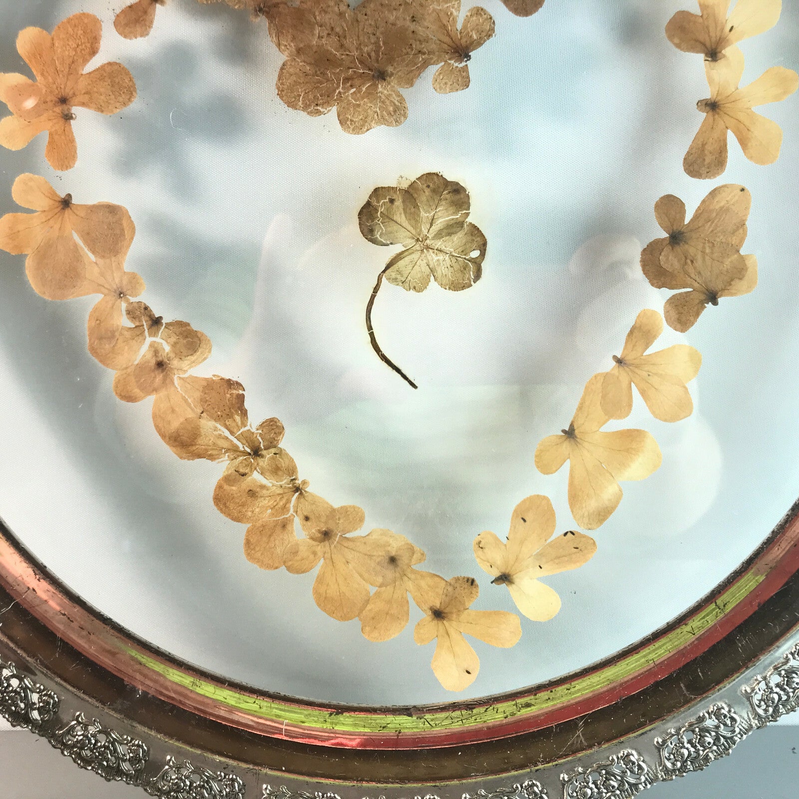 Glas Tortenplatte außen 36 cm 60er 70er versilbert Herz Teller Kleeblatt