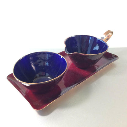 Vintage Rahmservice blau violett KUPFER Emaille 40er 50er Zucker Milch Set