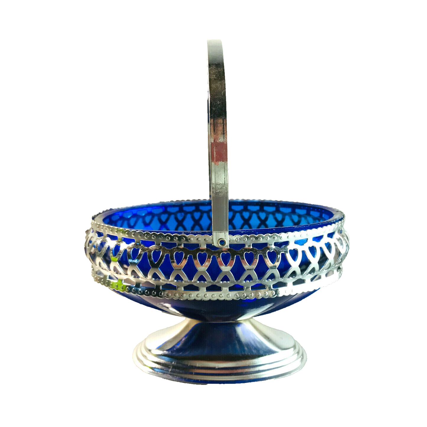 Schale blau Glas im Halter Korb Metall Durchbruch L 12 cm Schälchen 60er