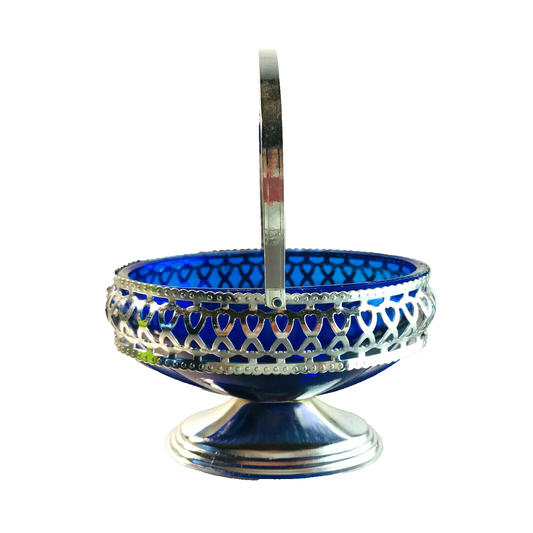 Schale blau Glas im Halter Korb Metall Durchbruch L 12 cm Schälchen 60er