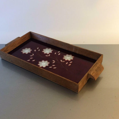 Tablett Spiegelglas geschliffen rot Blumen Holz B 37 mit Griffen 30er 40er