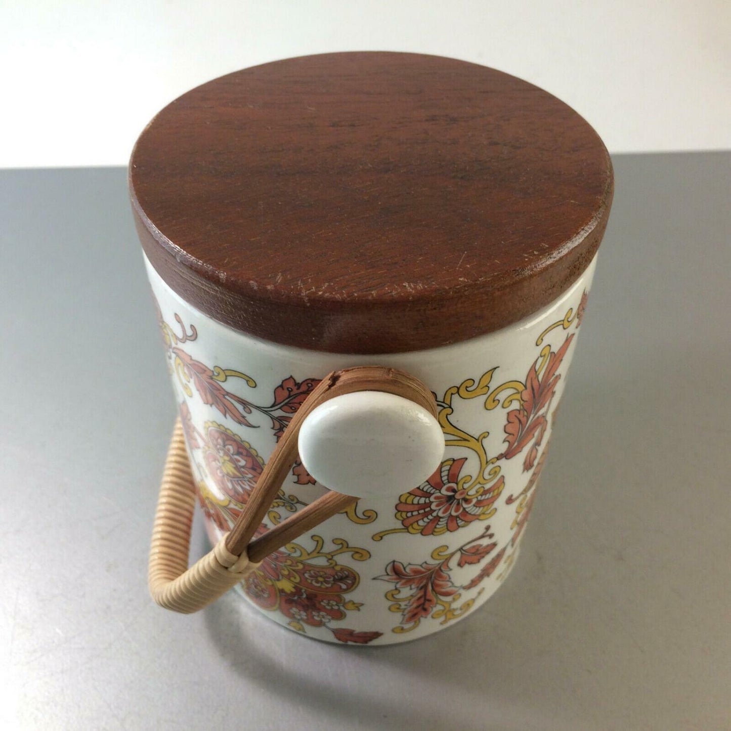 Dose Keramik Deckeldose mit Holzdeckel 12 cm Henkelgriff 50er 60er