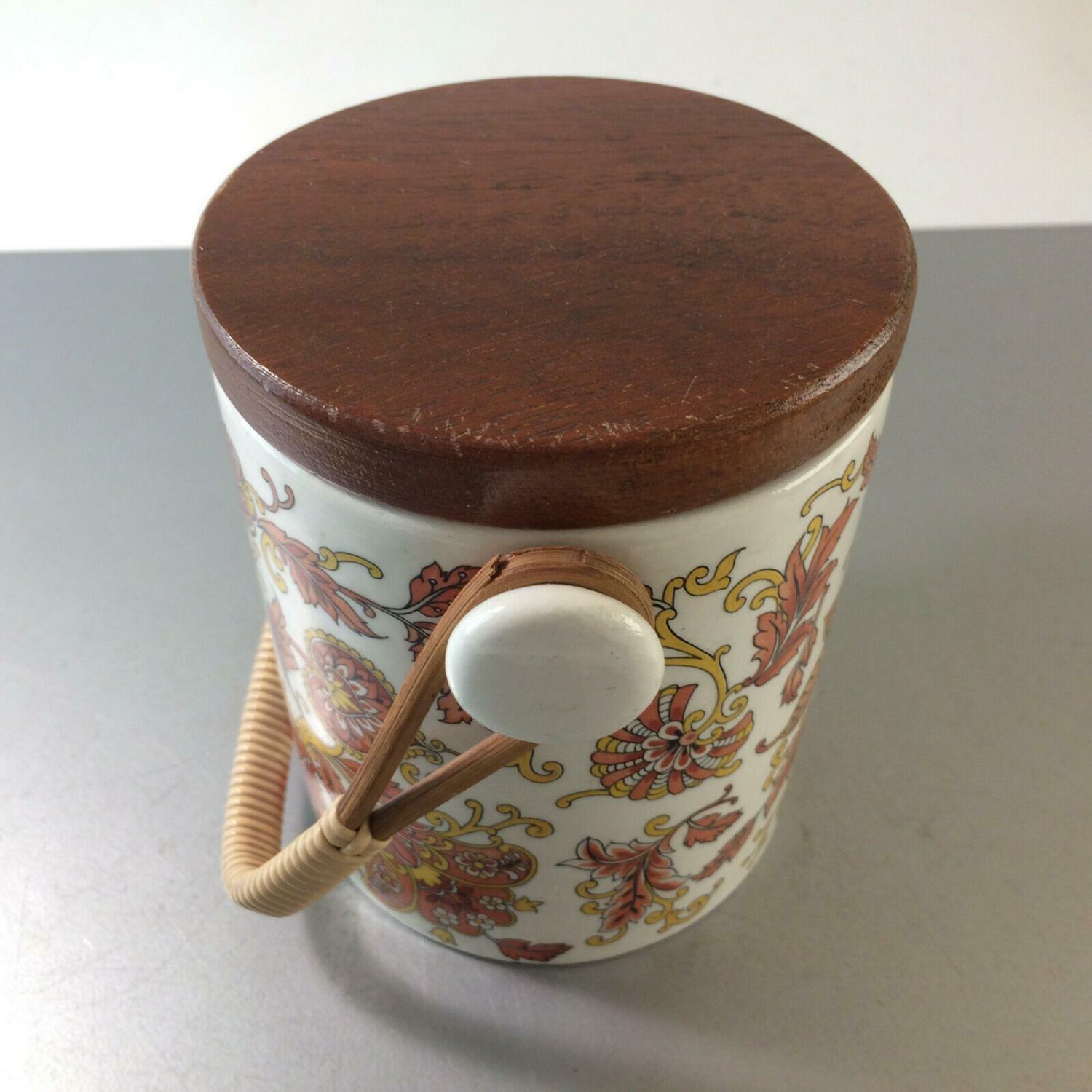 Dose Keramik Deckeldose mit Holzdeckel 12 cm Henkelgriff 50er 60er