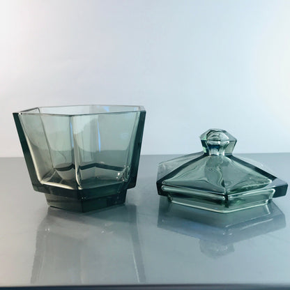 VINTAGE Dose Art Déco Facetten Böhmen Bonboniere Glas grau