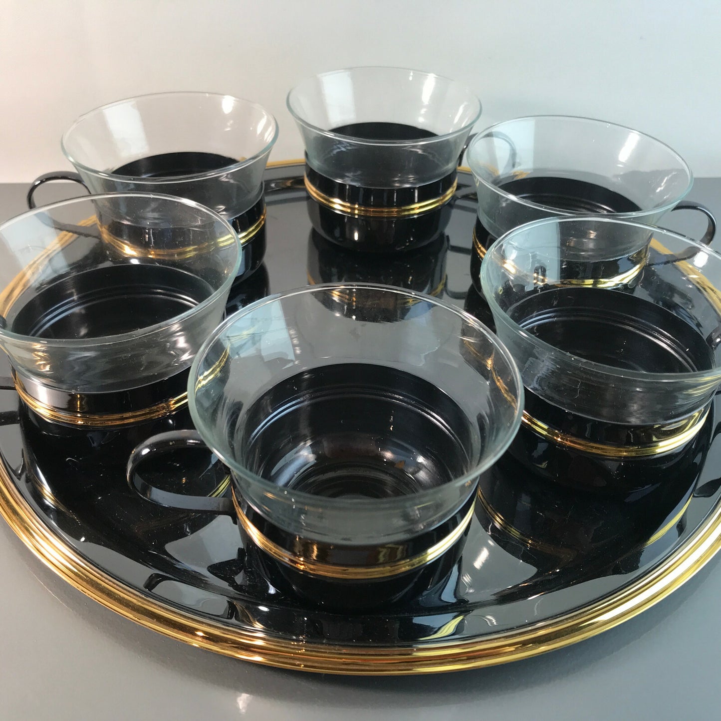 Teetassen Teegläser D Glas 8,5 cm 6 er Set 50er 60er + Tablett 29 cm