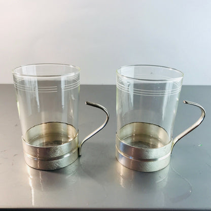 SCHOTT Teetassen Teegläser 10 cm mit Dekor im Halter 2er 50er 60er