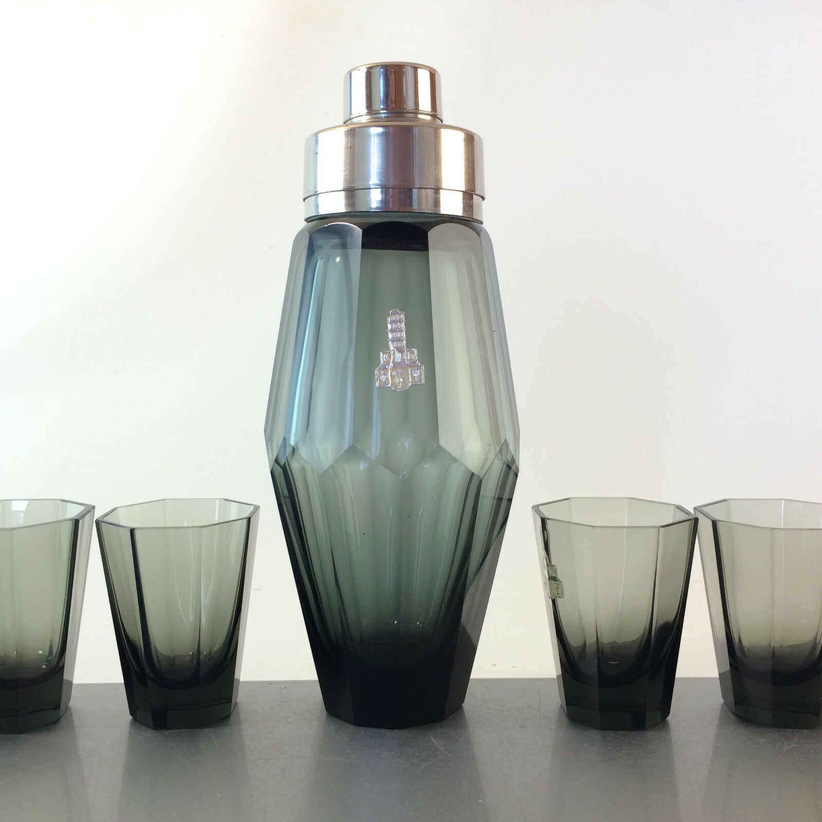 VINTAGE Shaker Art Déco Facetten HAIDA Böhmen Cocktailshaker Glas Gläser