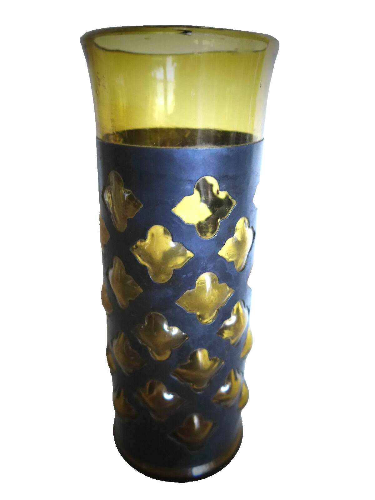 60er 70er VASE Metallmantel Noppen Nuppen Bubbles Bernstein Glas 19 cm