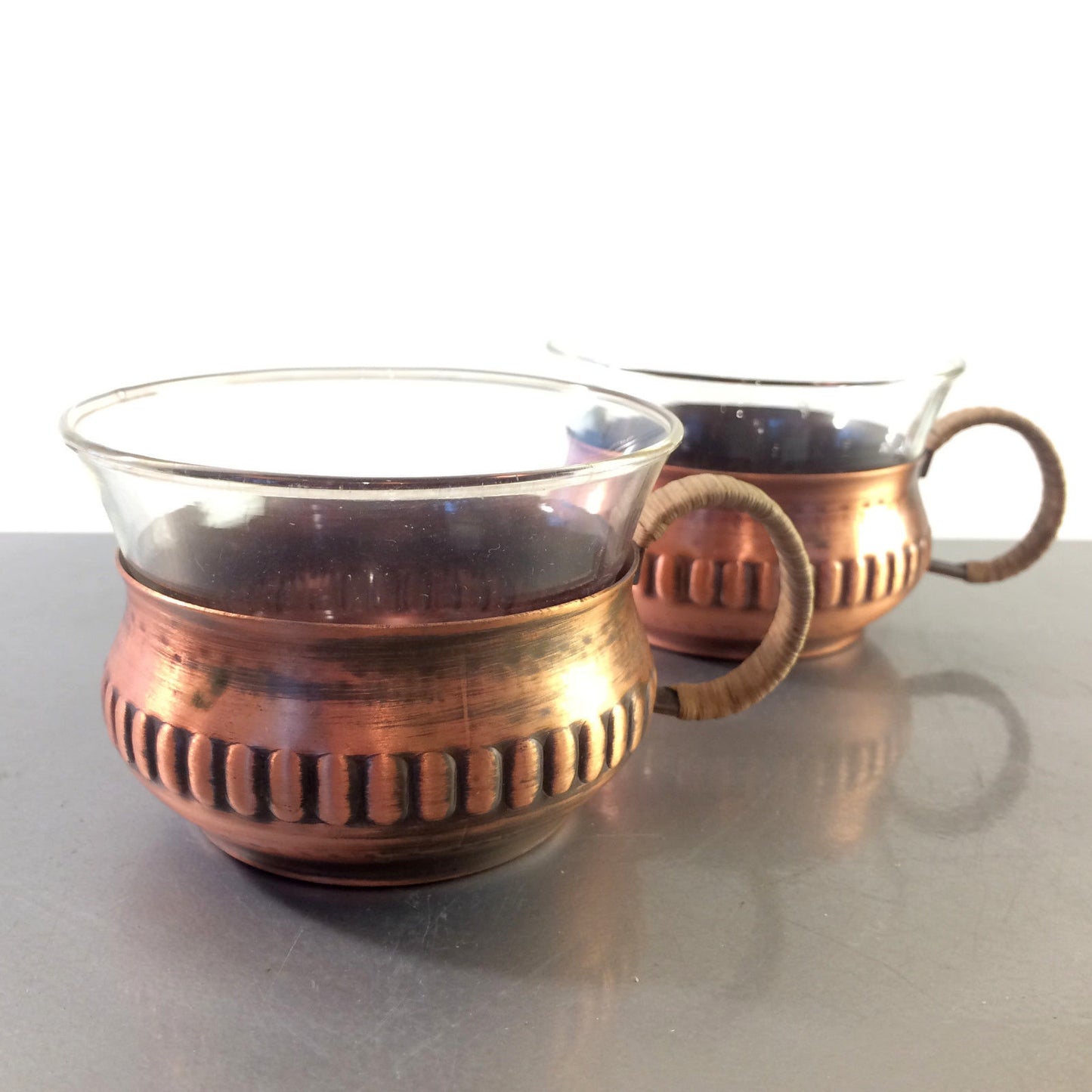 Teegläser Halter Kupfer 50er 60er Set Vintage MID CENTURY Teetassen Glas