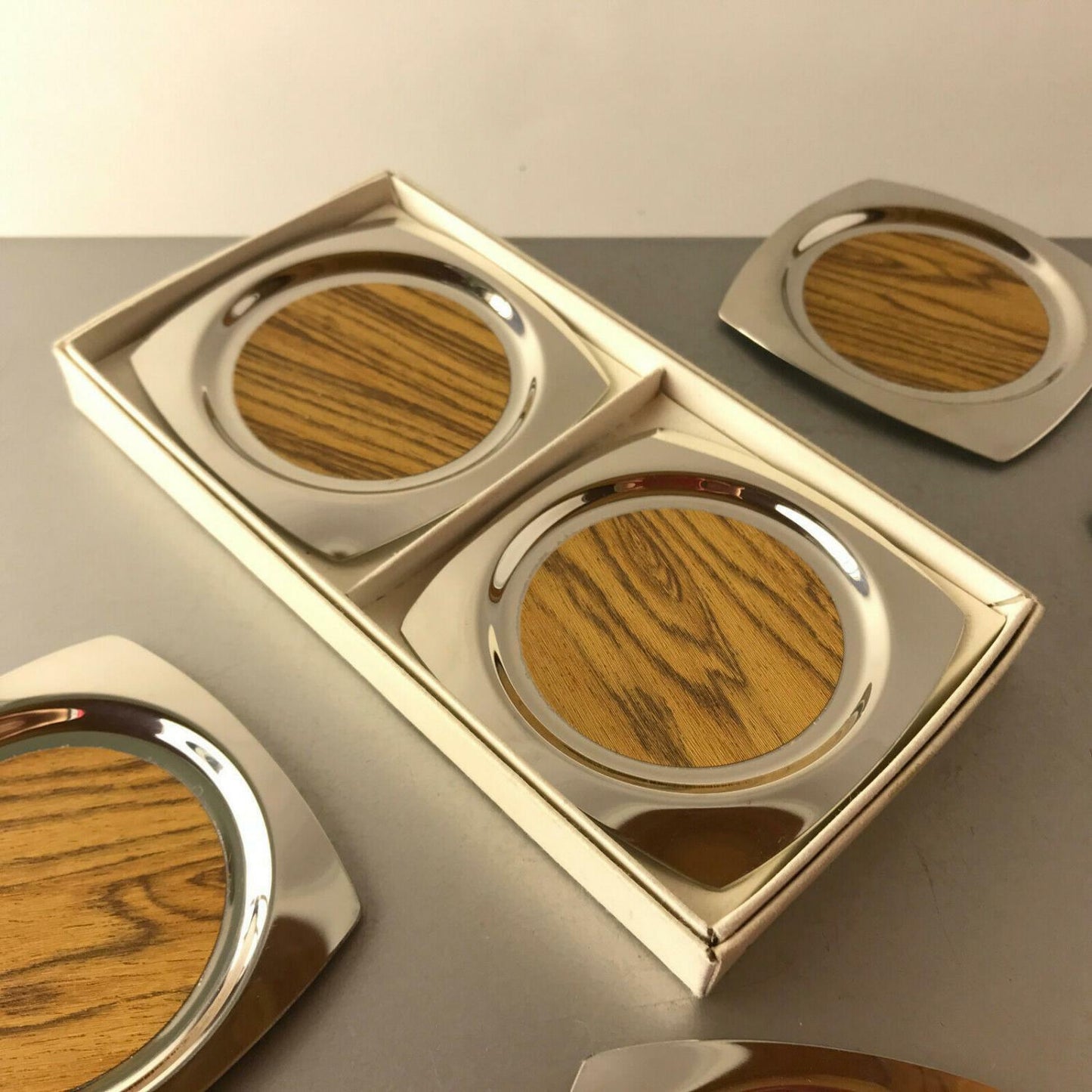 Untersetzer Teegläser Edelstahl Chromargan mit Holz Dekor innen