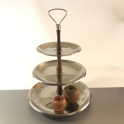 SUS Edelstahl VINTAGE 60er Holz Etagere Schale Teller 35 cm Teak Halter Deko