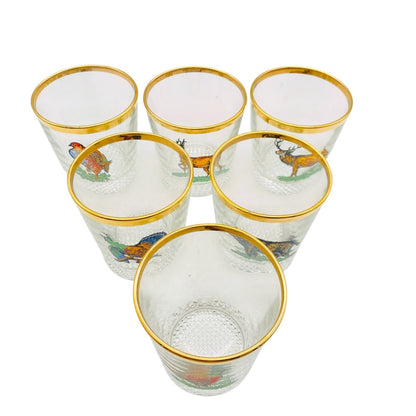 Whiskygläser 6er Set bemalt 60er 70er Vintage H 8,2 cm Waldtiere Goldrand Vintag
