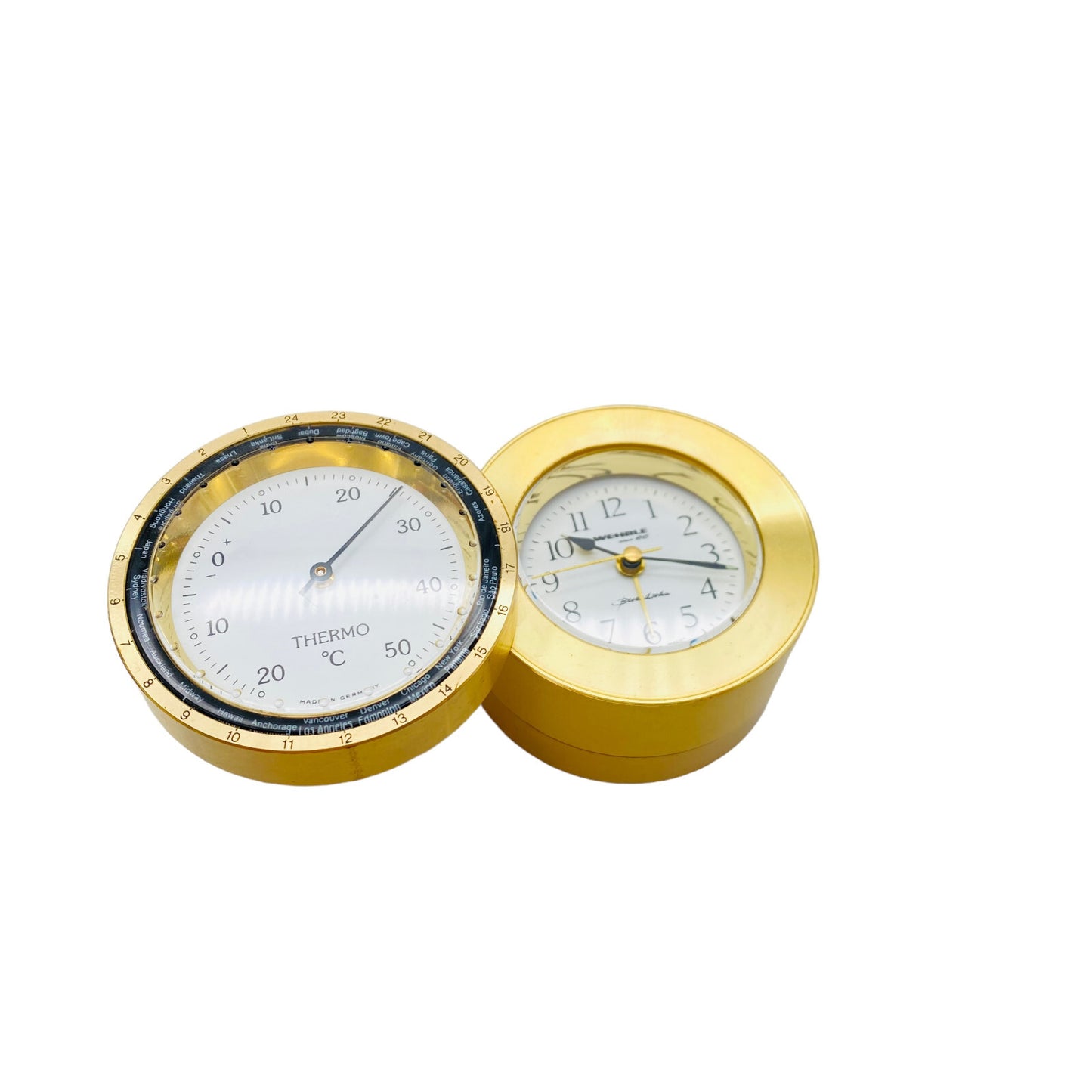 Hydrometer mit Thermometer und Wecker Reiseuhr golden Wehrle D 5,5 cm