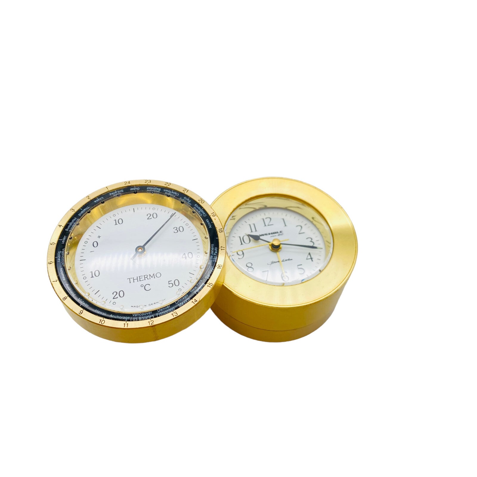 Hydrometer mit Thermometer und Wecker Reiseuhr golden Wehrle D 5,5 cm