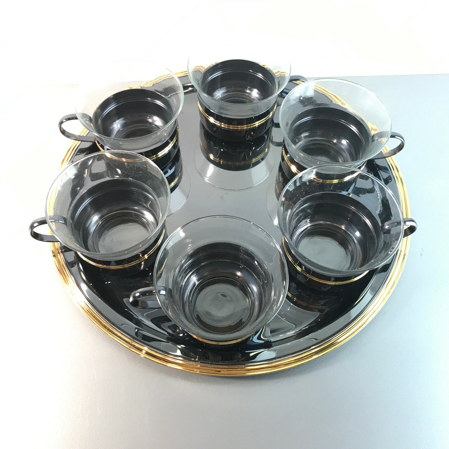 Teetassen Teegläser D Glas 8,5 cm 6 er Set 50er 60er + Tablett 29 cm