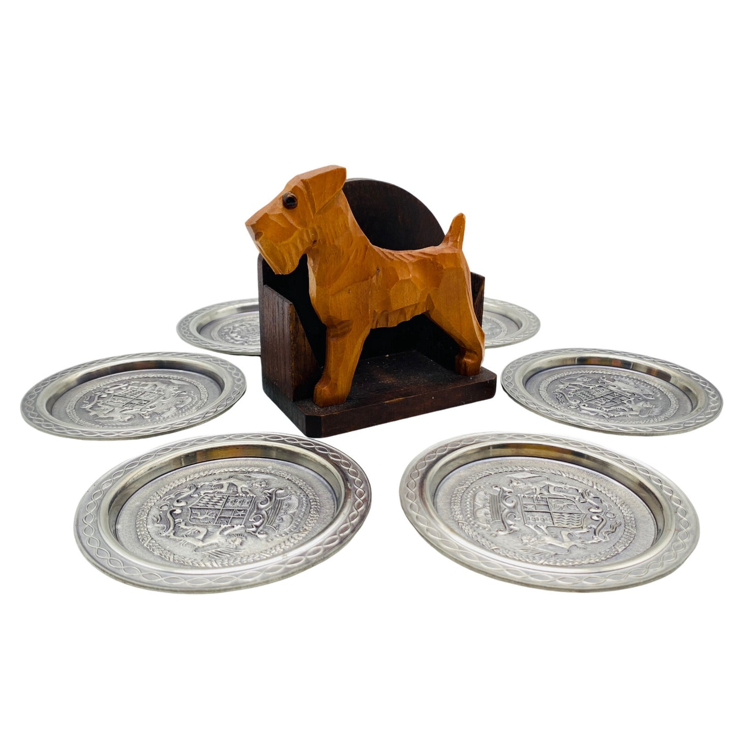 BMF Zinn Untersetzer im Halter 9,8 cm 60er 70er MID CENTURY Hund Pudel
