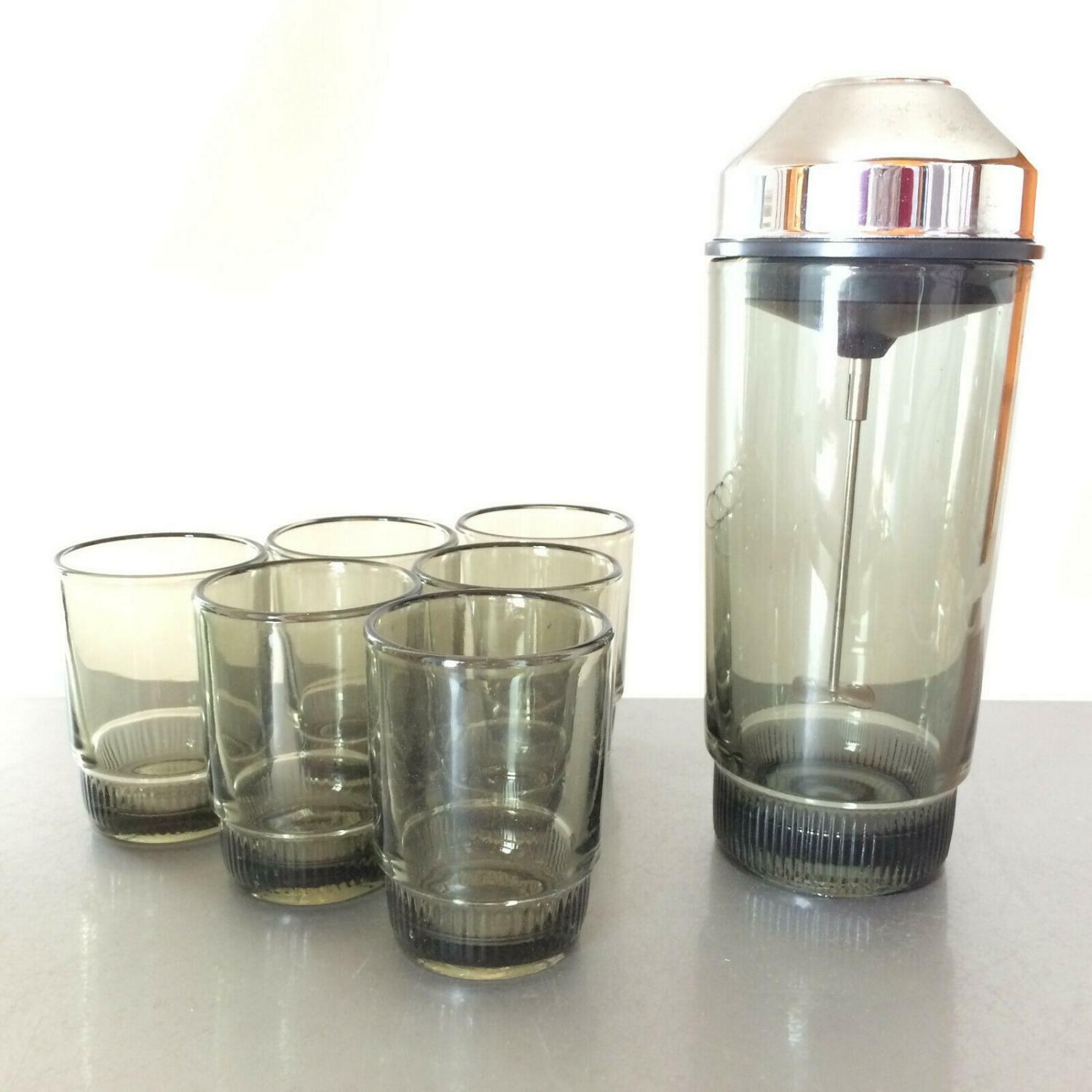 SHAKER Design 50er 60er Cocktailshaker Glas mit GLäser & OVP Rauchglas