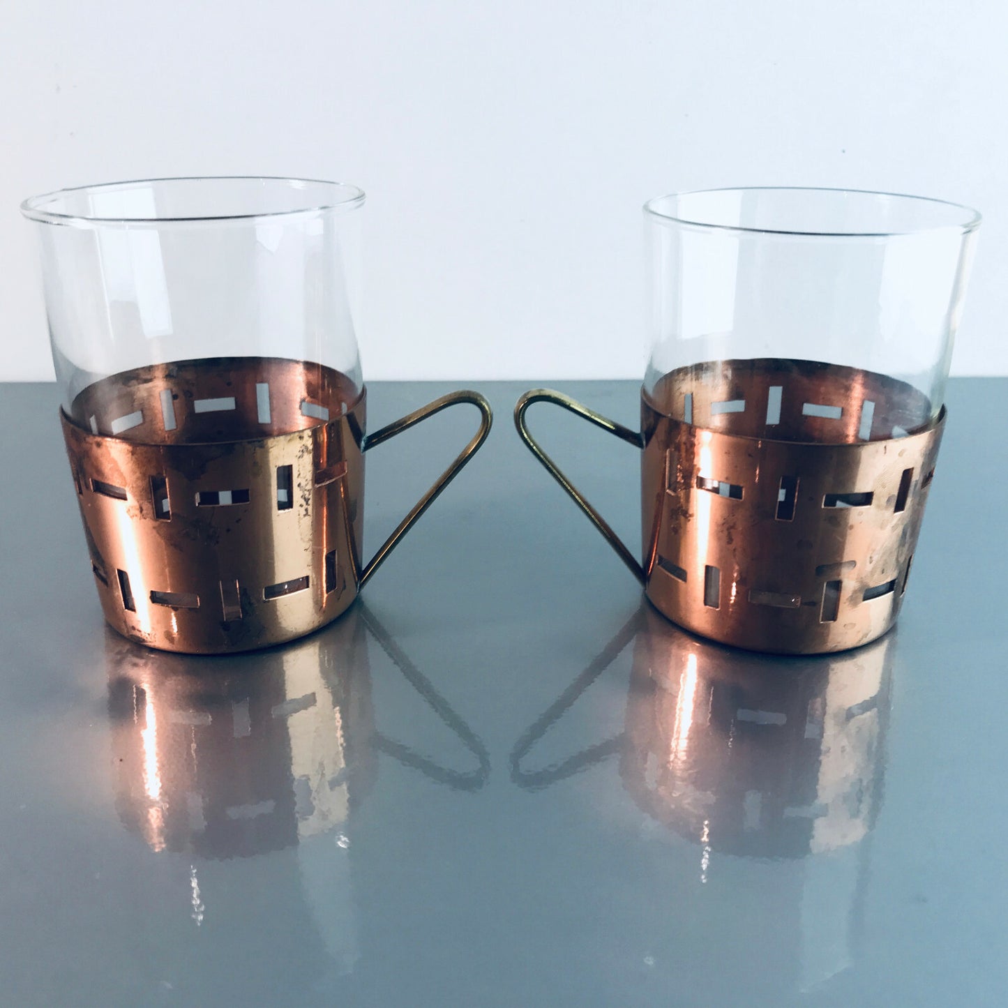 Teegläser Halter 50er 60er Set SCHOTT MID CENTURY Teetassen Glas Kupfer