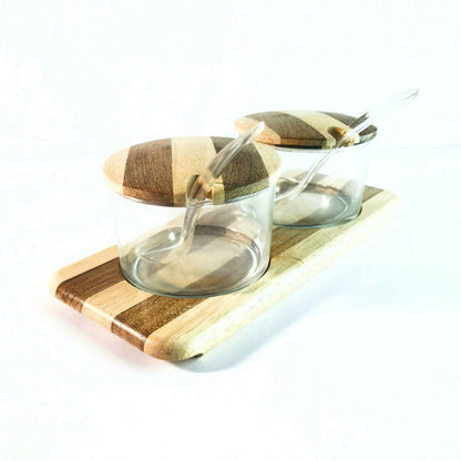 Honig- und Konfitürenset D 9 cm Schälchen Glas Tablett Holz 24,5 cm