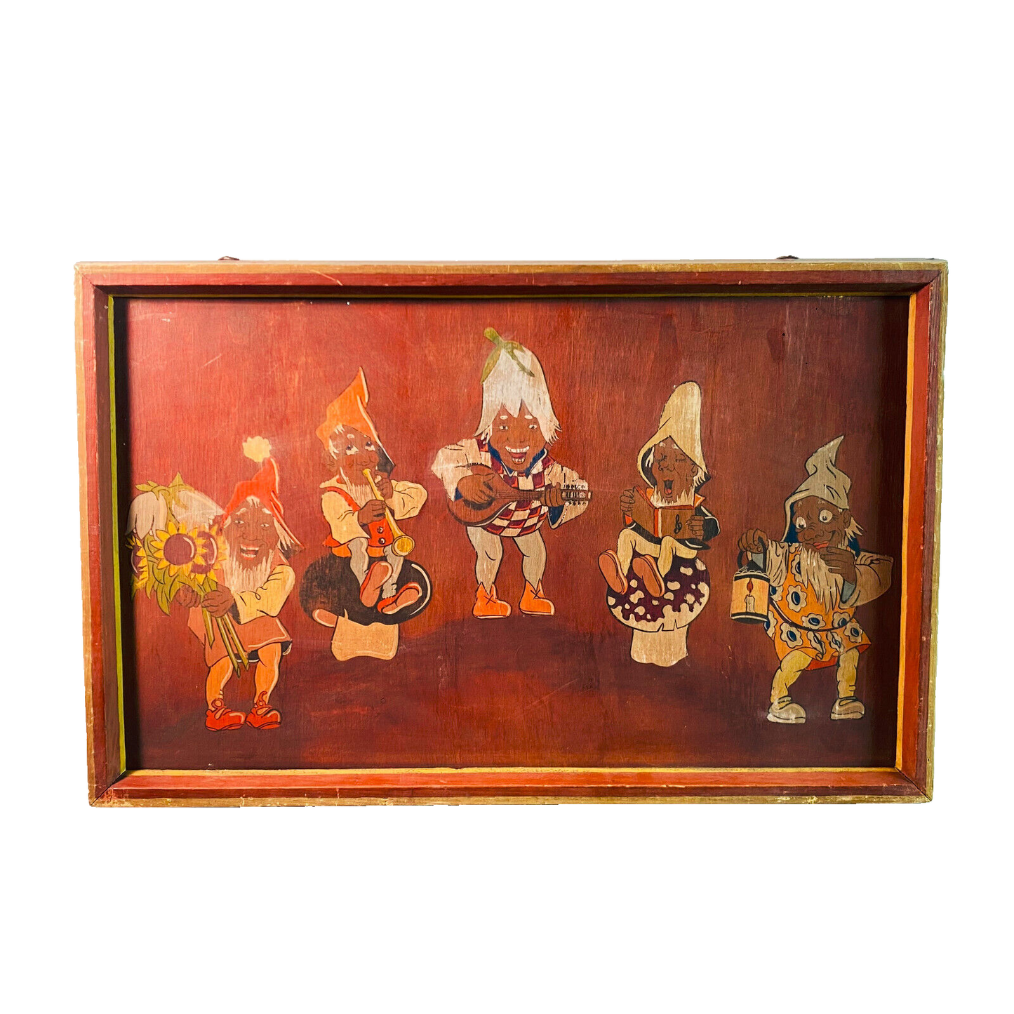 MID CENTURY 50er 60er Holzmalerei Holzbild Karl Krüll Zwerge 31,5 x 49cm