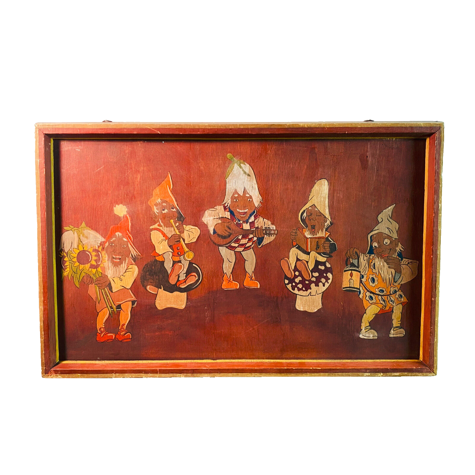 MID CENTURY 50er 60er Holzmalerei Holzbild Karl Krüll Zwerge 31,5 x 49cm