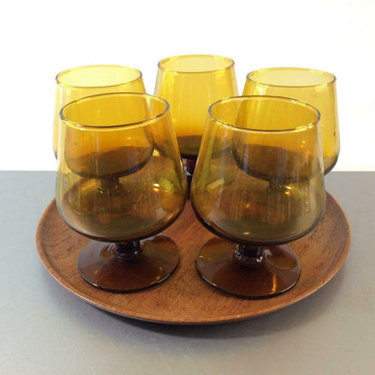 VINTAGE Cognacgläser Gläser 8 cm 5er Set 50er 60er mit Teak Tablett 18 cm