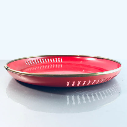 Tablett METALL 50er 60er Schale OBST Lochblech 22 cm rot Messing Rand
