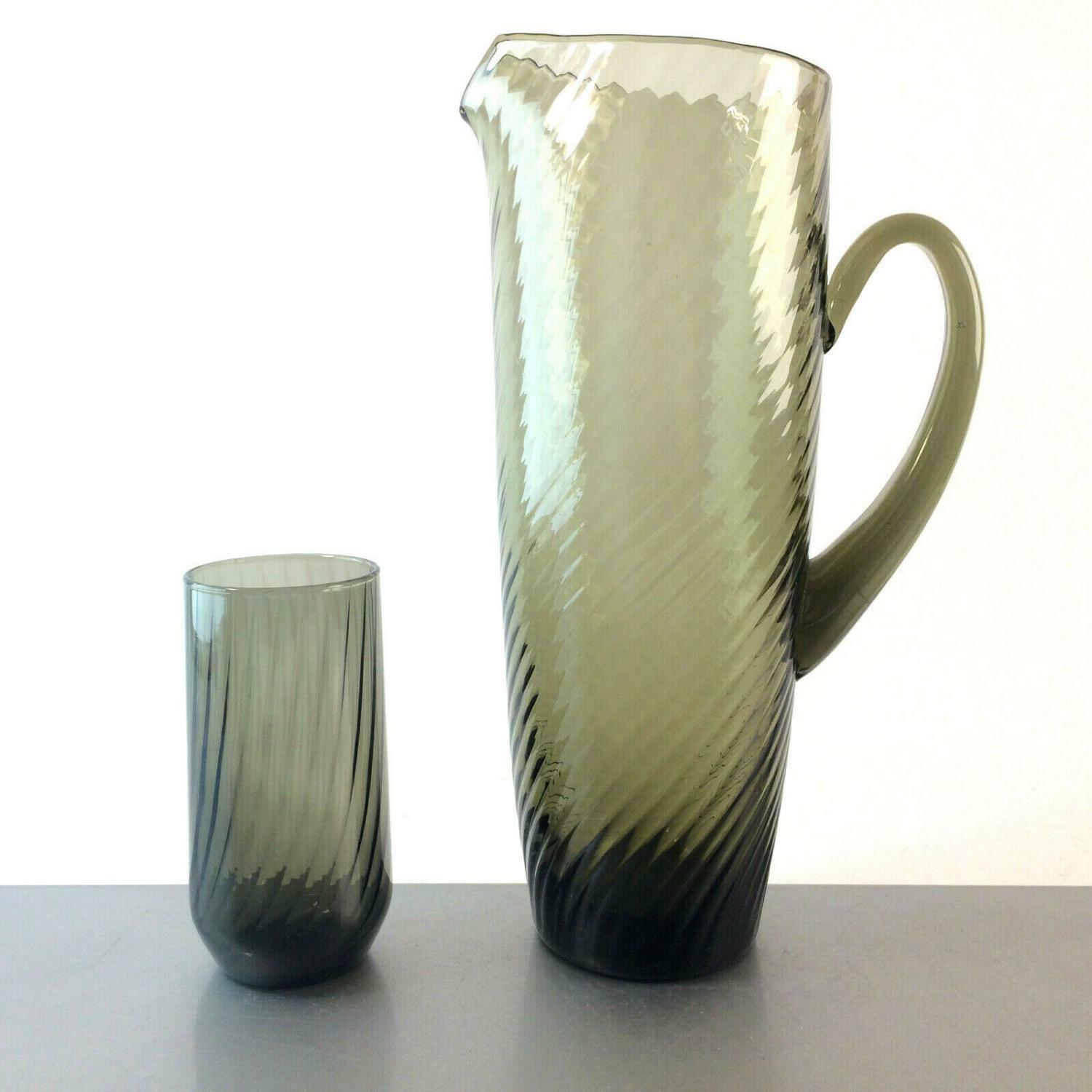 Karaffe + Glas 50er 60er Vase MID CENTURY Rauchglas 27 cm Kanne Set