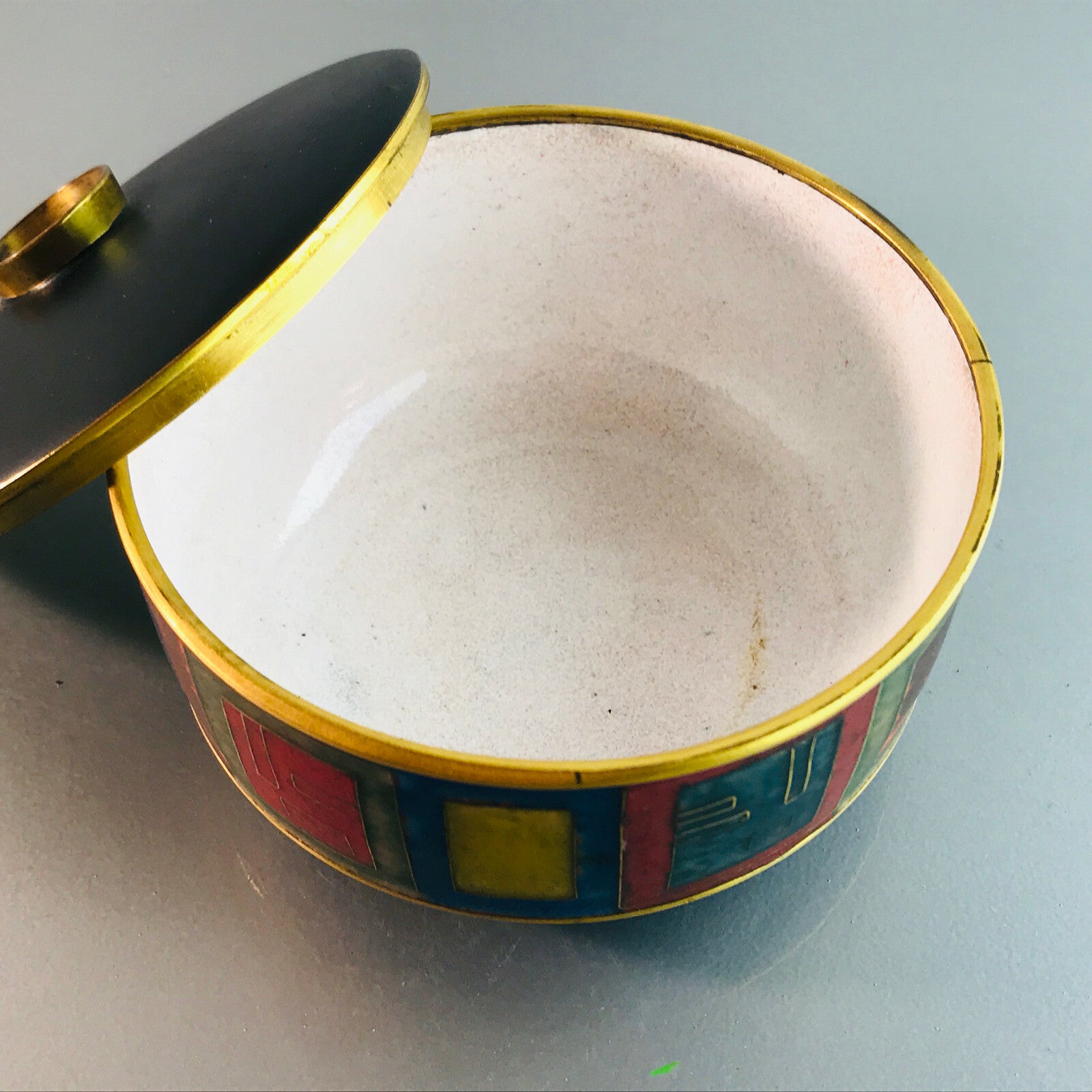 Käthe RUCKENBROD Deckeldose Dose Emaille 50er 60er Stegemaille Email 