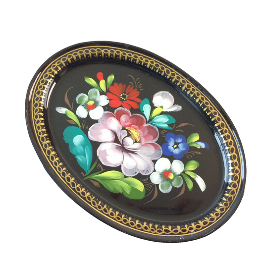 Tablett 17,3 cm bemalt Metall Blüten Blumen schwarz Gold Untersetzer