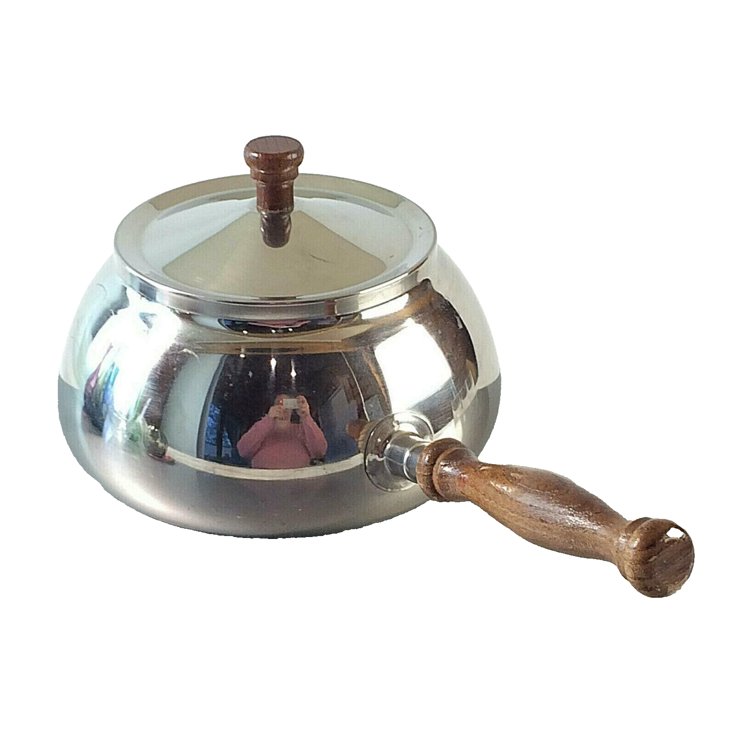 FGG Fonduetopf FONDUE Topf Stieltopf Edelstahl Teak HOLz Griff 50er 60er